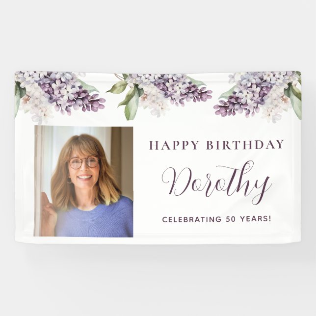 Custom Birthday Banner Photo 50th Purple Floral (Horizontal)