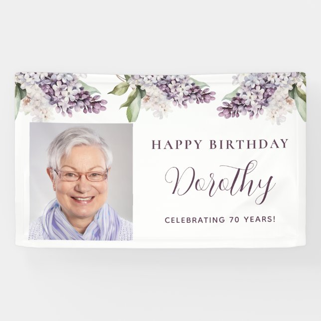 Custom Birthday Banner Photo 70th Purple Floral (Horizontal)