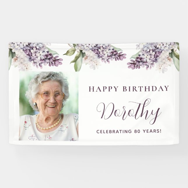 Custom Birthday Banner Photo 80th Purple Floral (Horizontal)