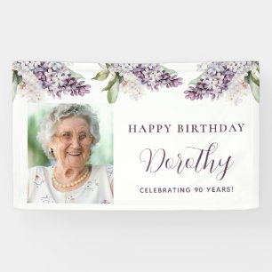 Custom Birthday Banner Photo 90th Purple Floral