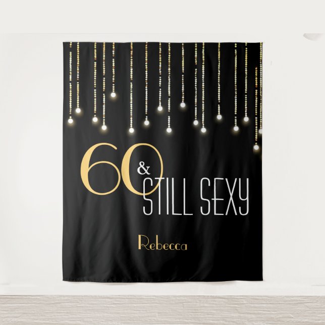 Custom Birthday Black Gold Photo Booth Backdrop Tapestry (Front)