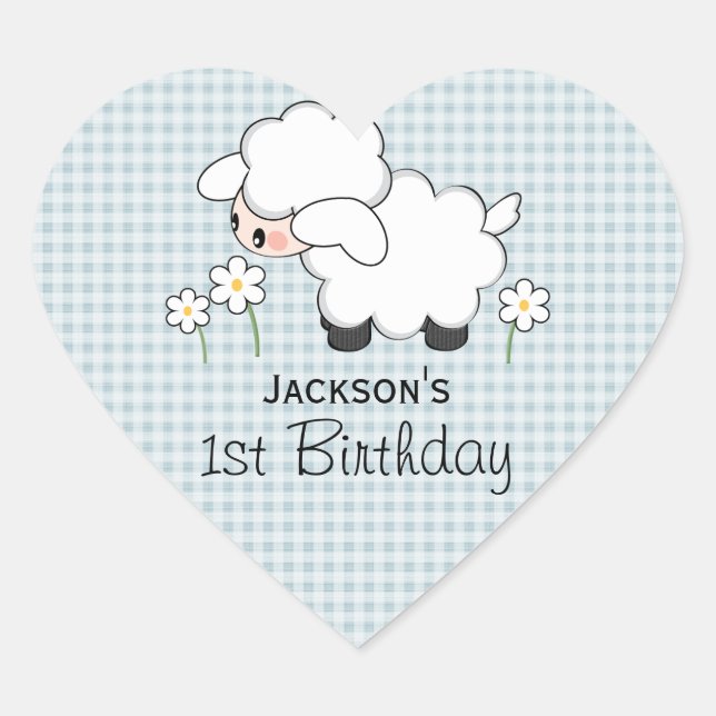 Custom Birthday Blue Gingham Lamb Heart Sticker (Front)