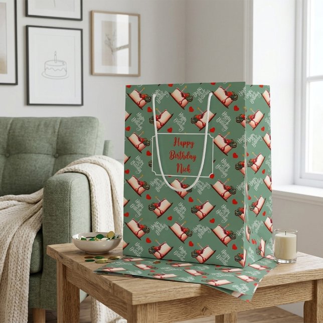 Custom Birthday Cake & Hearts Green Personalised  Medium Gift Bag (Creator Uploaded)