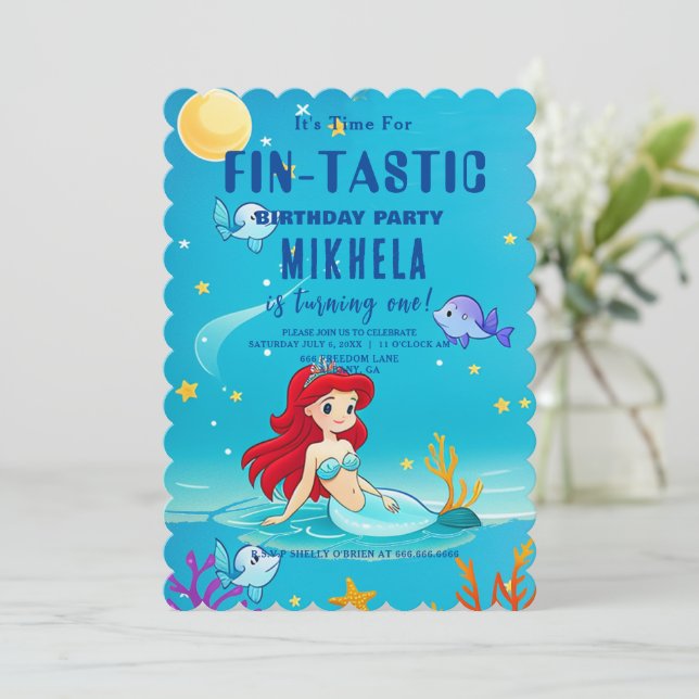 Custom Birthday Card, Fin-tastic Mermaid Theme Invitation (Standing Front)