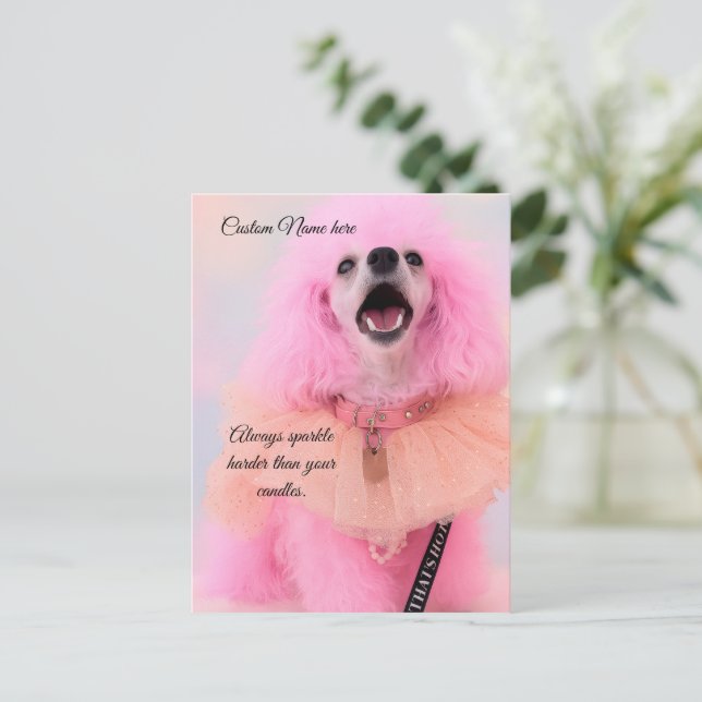Custom Birthday Card, Pink Toy Poodle, Mozzarella Holiday Postcard (Standing Front)
