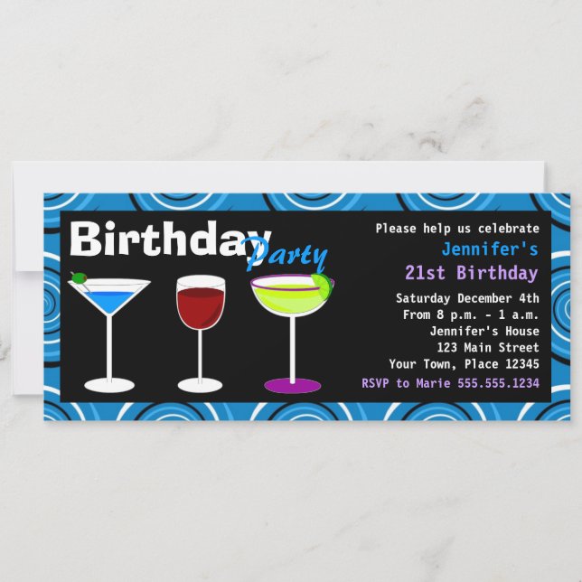 Custom Birthday Cocktail Party Invite Blue Swirl (Front)