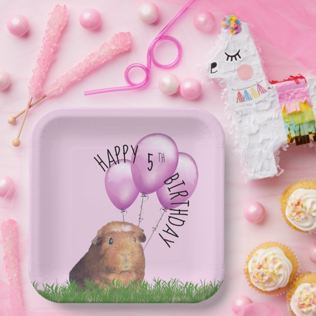 Custom Birthday Cute Guinea Pig Purple Balloons Paper Plate (Party)