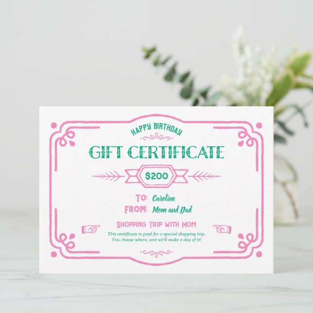 Custom Birthday Gift Certificate Card (Standing Front)