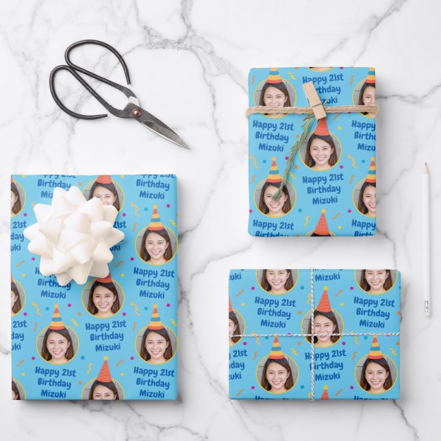 Custom Birthday Gift Wrapping Paper Party Hat Blue (Front)