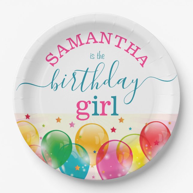 Custom Birthday Girl Festive Colourful Pink/Teal Paper Plate (Front)