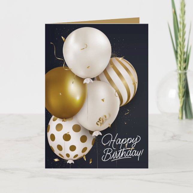Custom Birthday Gold White Balloons Greeting Card (Front)