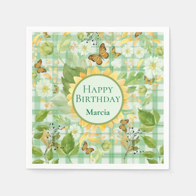 Custom Birthday Green Gingham Sunflower Butterfly Napkin (Front)