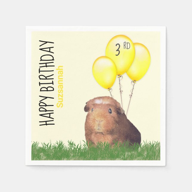 Custom Birthday Guinea Pig Yellow Balloons Napkin (Front)