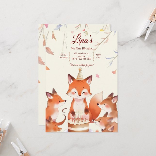 Custom Birthday Invitation with Cute Foxes (Front/Back In Situ)