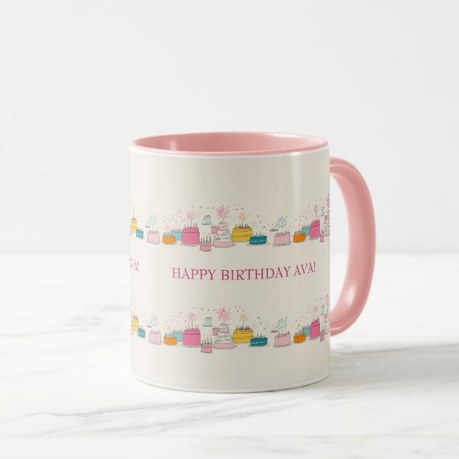 Custom Birthday Mug – Cream Confetti & Cake Doodle (Front Right)