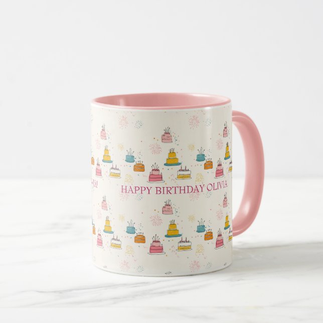 Custom Birthday Mug – Floating Cakes & Confetti (Front Right)