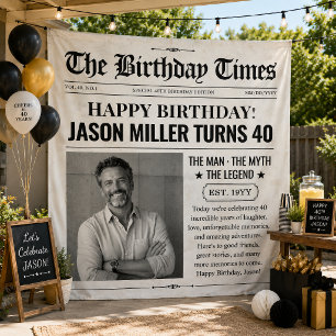 Custom Birthday Newspaper Banner, Birthday Photo Tapestry