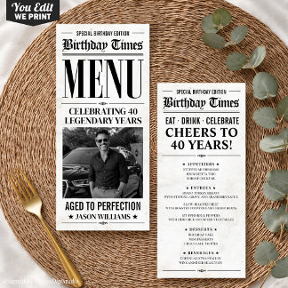 Custom Birthday Newspaper Menu, Birthday Dinner Menu