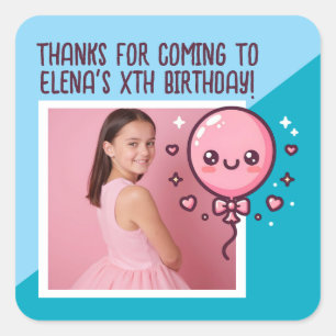 Custom Birthday Party Cute Balloon Photo Thank You Square Sticker