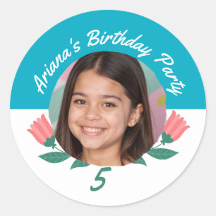 Custom Birthday Party Floral Photo Name Any Age  Classic Round Sticker