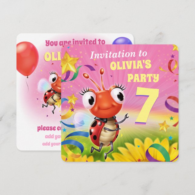 Custom Birthday Party invite girl 7yrs old (Front/Back)