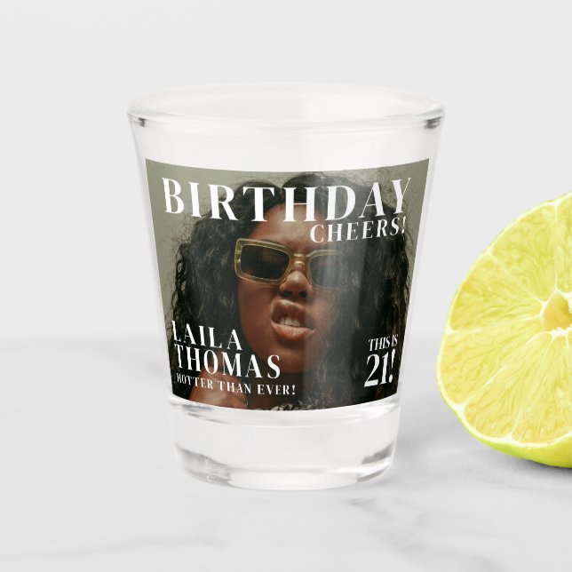 Custom Birthday Party Magazine Cover Cheers Shot Glass (Front)
