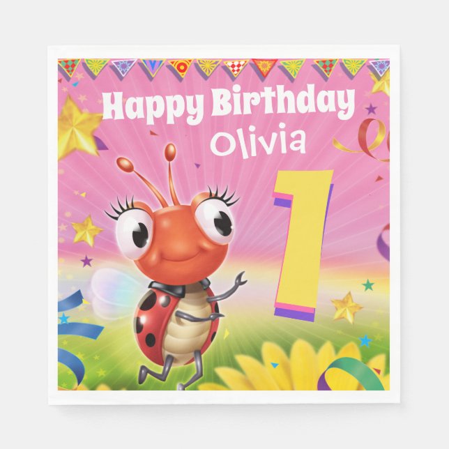 Custom Birthday Party paper napkin girl 1yr old (Front)