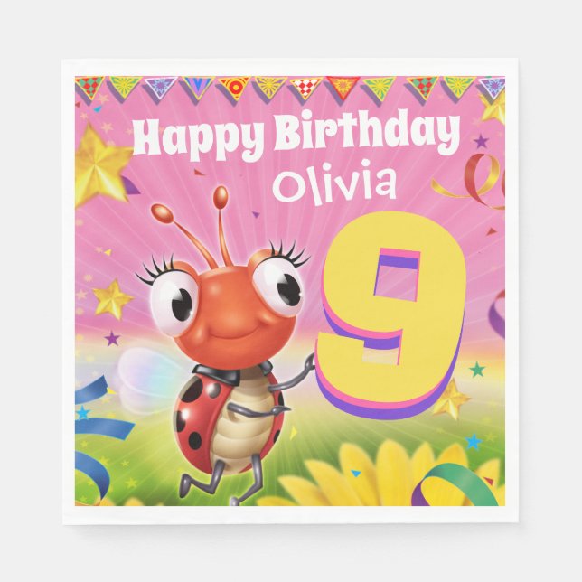 Custom Birthday Party paper napkin girl 9yrs old (Front)