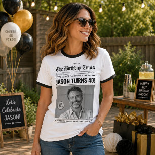 Custom Birthday Ringer T-Shirt, Vintage Newspaper T-Shirt