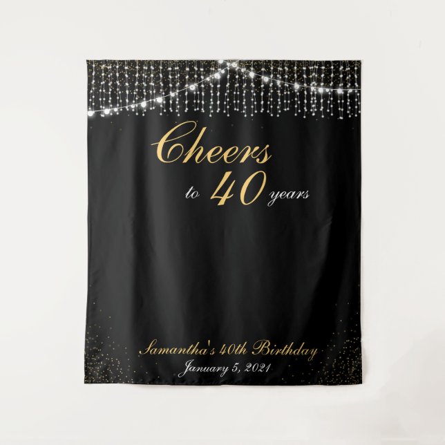 Custom Birthday String Lights Gold Backdrop Photo Tapestry (Front)