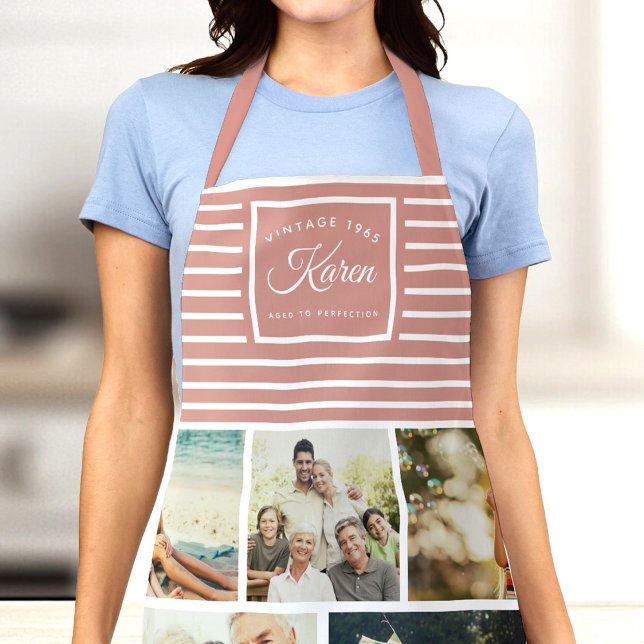 Custom Birthday Vintage Birth Year Photo Collage  Apron (Woman wearing a photo apron with "Vintage 1965, Aged to Perfection" text on a striped design)