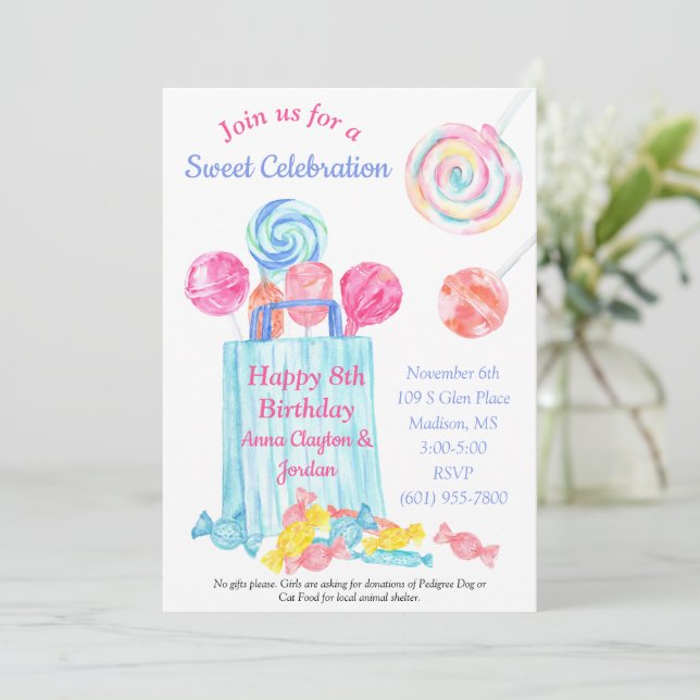 Custom Birthday Watercolor Candy Sweet Birthday Invitation (Standing Front)