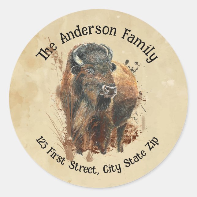 Custom Bison Buffalo Wildlife Nature Animal Art Classic Round Sticker (Front)