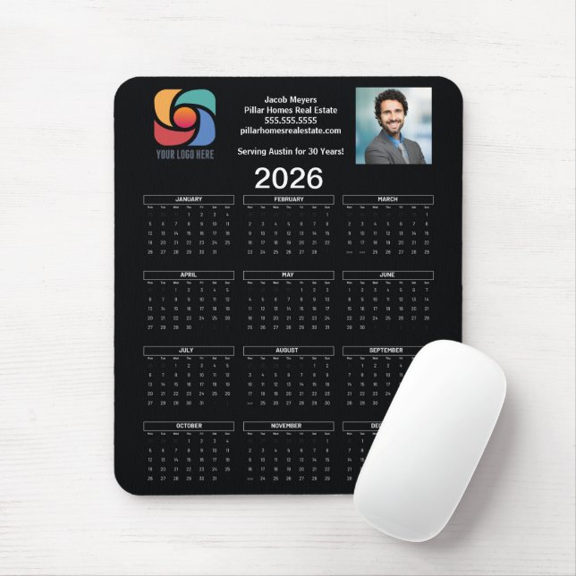 Custom Black 2026 Company Calendar Business Logo Mouse Mat (With Mouse)