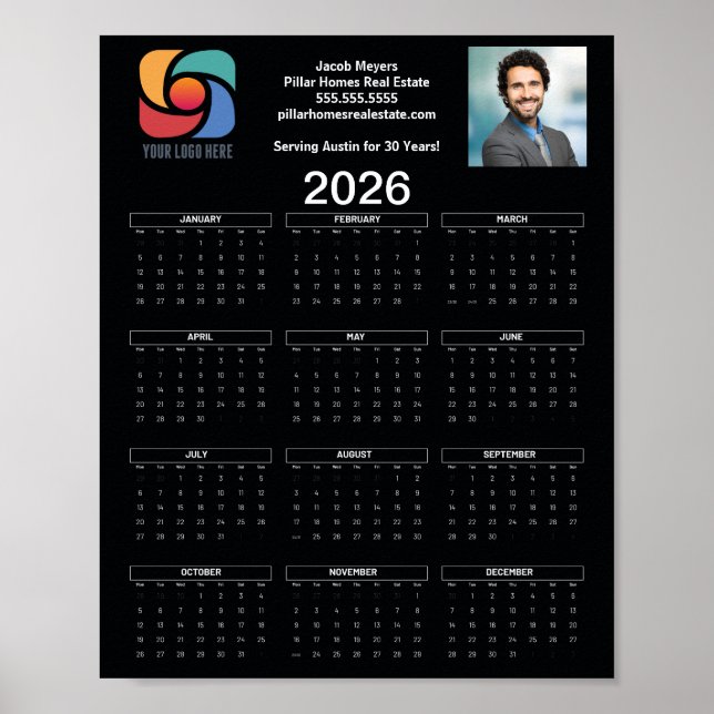 Custom Black 2026 Company Calendar Business Logo Poster (Front)