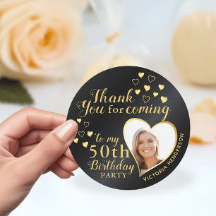 Custom Black and Gold 50th Birthday Thank You Classic Round Sticker