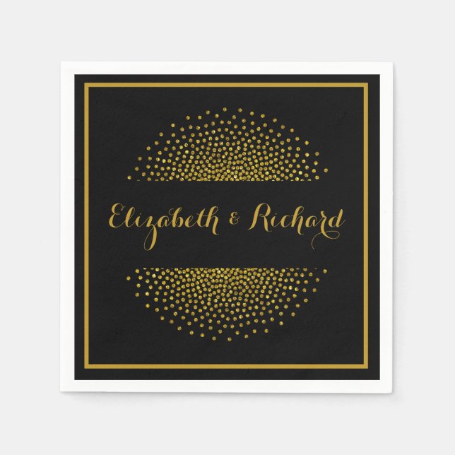 Custom Black and Gold Glitter confetti Wedding Napkin (Front)