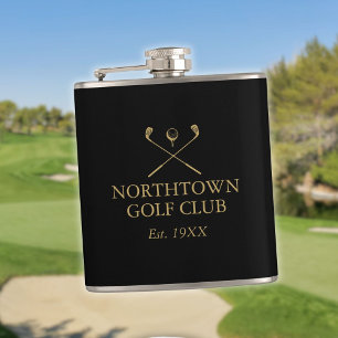 Custom Black And Gold Golf Club Name Hip Flask