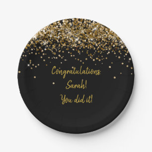 Custom Black and Gold Graduation Party Glitter Paper Plate