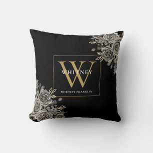 Custom Black And Gold Monogram Floral Cushion