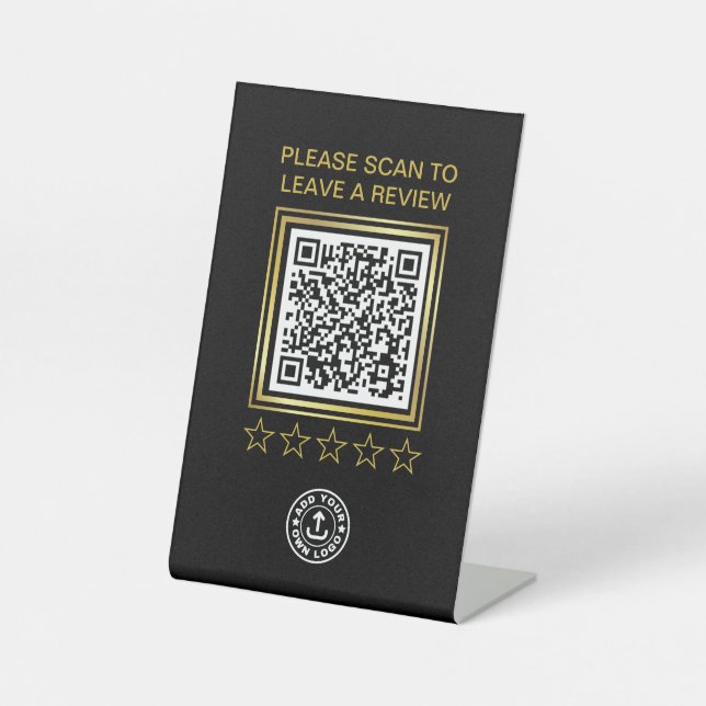 Custom Black And Gold QR Code Business Logo Review Pedestal Sign (Front)