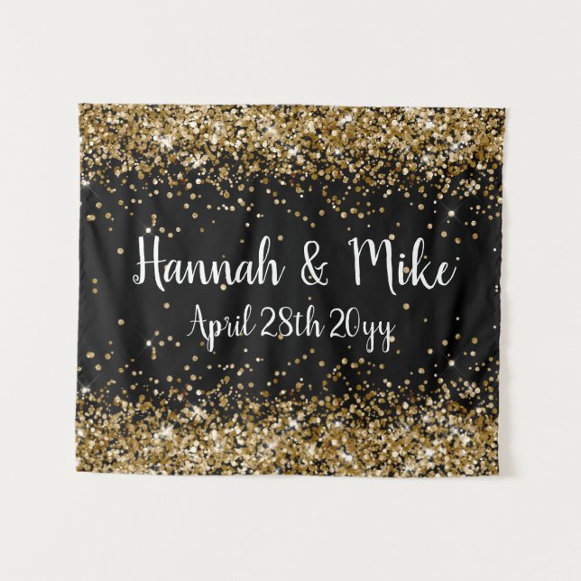 Custom Black and Gold Wedding Backdrop Photo Booth Tapestry (Front (Horizontal))