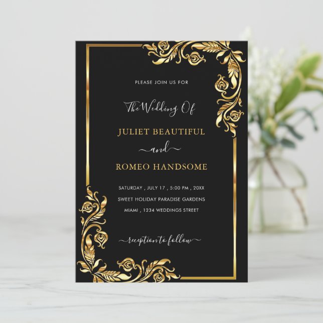 Custom Black and Gold Wedding Invitation Template (Standing Front)