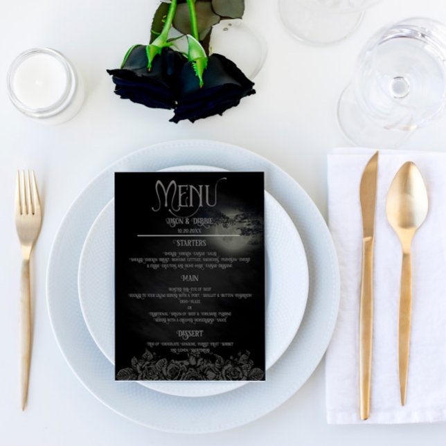 Custom Black and Grey Floral Gothic Wedding Menu (Creator Uploaded)