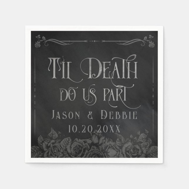 Custom Black and Grey Floral Gothic Wedding Napkin (Front)