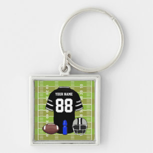 Custom Black and Grey Football Jersey on Field Key Ring