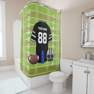 Custom Black and Grey Football Jersey on Field Shower Curtain