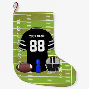 Custom Black and Grey Football Jersey on Field Small Christmas Stocking