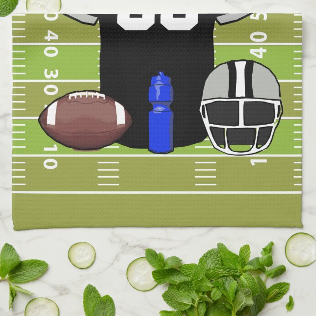 Custom Black and Grey Football Jersey on Field Tea Towel (Folded)