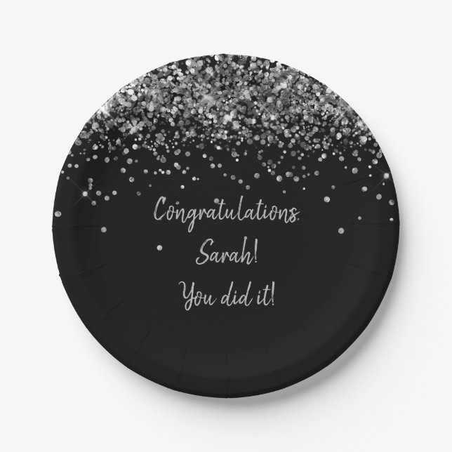 Custom Black and Silver Graduation Party Glitter Paper Plate (Front)